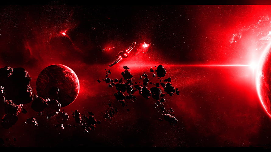 Ruby Red Galaxy Space Scene with Asteroid Field and Distant Star HD wallpaper