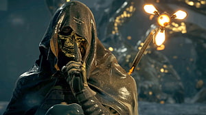 Death Stranding Higgs Character in Hooded Cloak with Golden Skull Mask and Light Staff HD wallpaper