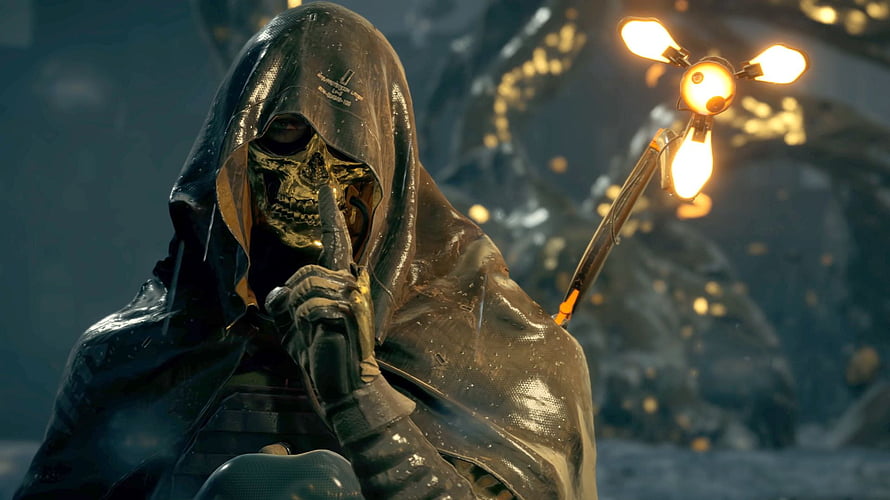 Death Stranding Higgs Character in Hooded Cloak with Golden Skull Mask and Light Staff HD wallpaper