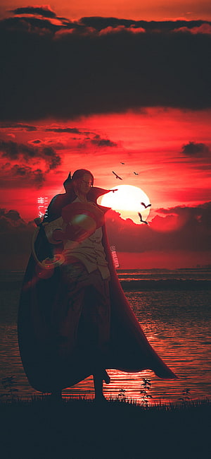 Shanks from One Piece Standing Silhouetted Against a Crimson Sunset Over the Ocean HD phone wallpaper