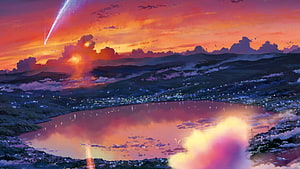 Your Name Anime Landscape with Comet and Lake at Sunset HD wallpaper
