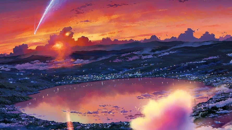 Your Name Anime Landscape with Comet and Lake at Sunset HD wallpaper