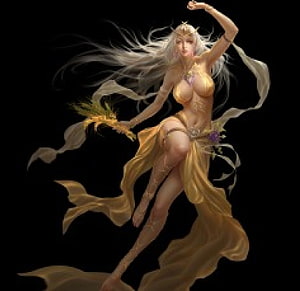 Amora Fantasy Character in Flowing Golden Dress with Long White Hair HD wallpaper