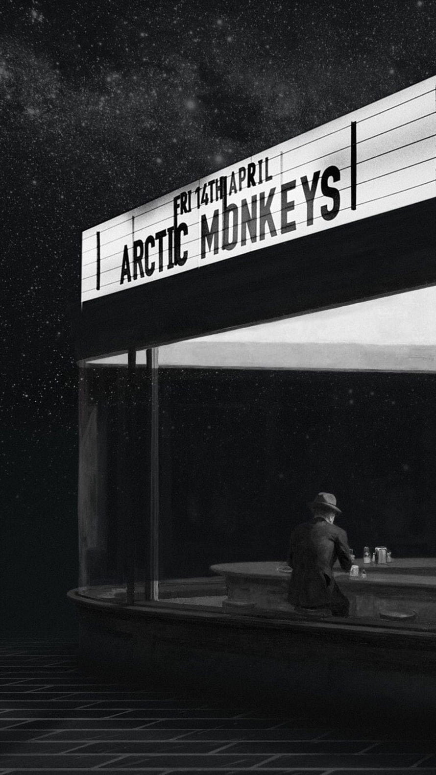 Arctic Monkeys Marquee Under a Starry Night Sky with a Silhouetted Figure at a Bar HD phone wallpaper