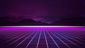 Purple Synthwave Grid Landscape with Distant Mountains and Starry Night Sky HD wallpaper