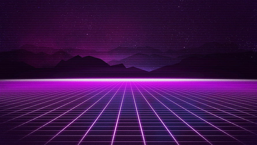 Purple Synthwave Grid Landscape with Distant Mountains and Starry Night Sky HD wallpaper