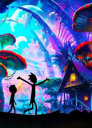 Rick and Morty Shroom World Silhouette Scene with Bioluminescent Mushroom Forest HD phone wallpaper