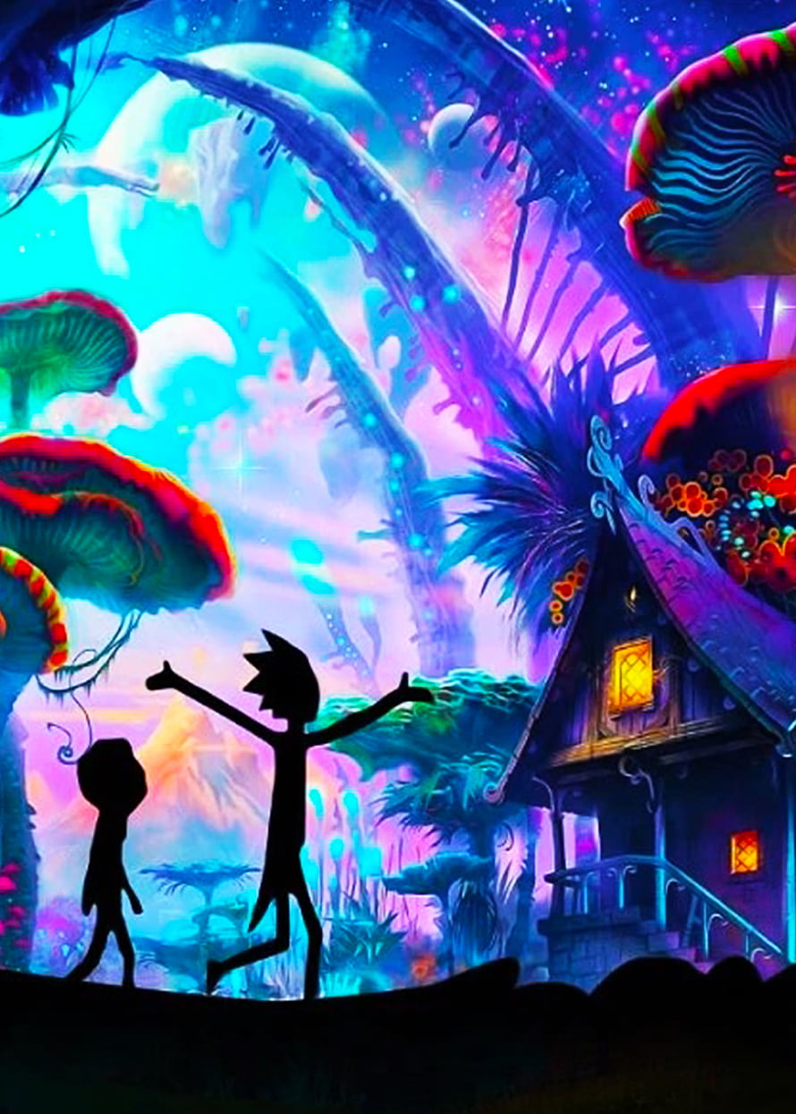 Rick and Morty Shroom World Silhouette Scene with Bioluminescent Mushroom Forest HD phone wallpaper