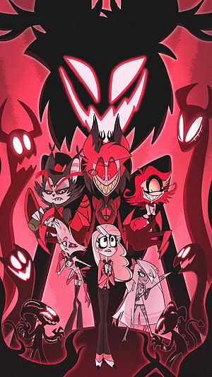 Hazbin Hotel and Helluva Boss Character Ensemble in Dark Red Hellish Setting HD phone wallpaper