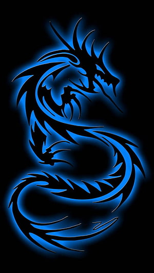 Glowing Blue Dragon Silhouette with Neon Outline on Black Background HD phone wallpaper