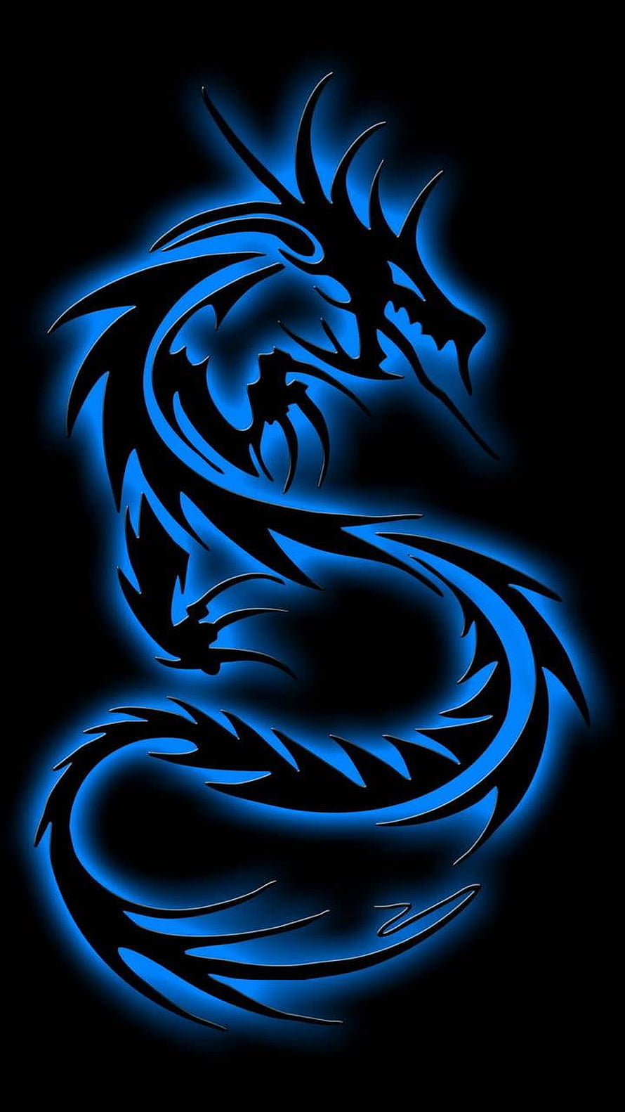 Glowing Blue Dragon Silhouette with Neon Outline on Black Background HD phone wallpaper