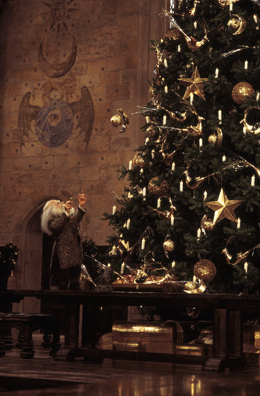 Harry Potter Christmas Tree Scene at Hogwarts with Dumbledore and Golden Ornaments HD phone wallpaper