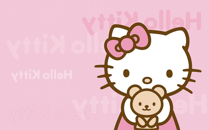 Hello Kitty Holding Teddy Bear on Soft Pink Background HD wallpaper