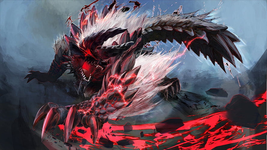 Stygian Zinogre Monster Hunter Fantasy Dragon Artwork with Red Energy HD wallpaper