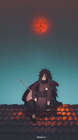 Madara Uchiha Sitting on a Rooftop Under a Glowing Red Moon in a Starry Night Sky HD phone wallpaper