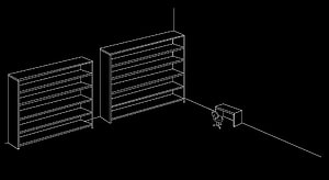 Isometric Wireframe Blueprint of Office Shelving Units and Desk on Black Background HD wallpaper