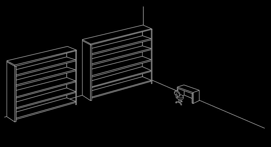 Isometric Wireframe Office Layout with Shelving Units and Desk on Black Background HD wallpaper