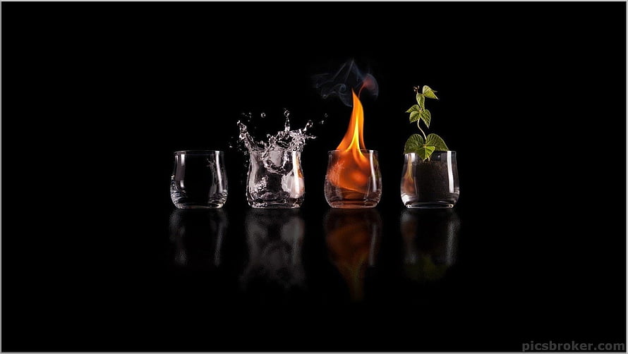 Four Elements Concept: Earth, Water, Fire, and Air in Glass Vessels on Black Background HD wallpaper