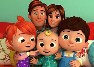 Cocomelon Family Portrait with JJ Baby and Siblings on a Cozy Sofa HD wallpaper
