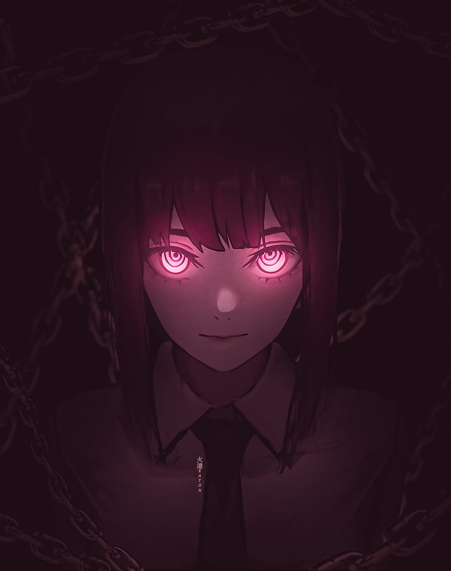 Makima from Chainsaw Man with glowing red eyes and dark chains in a moody anime illustration, Makima, chainsawman, anime, makima, anime, chainsawman HD phone wallpaper