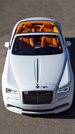 Top-Down View of a White Rolls-Royce Dawn Convertible with Vibrant Orange Interior HD phone wallpaper