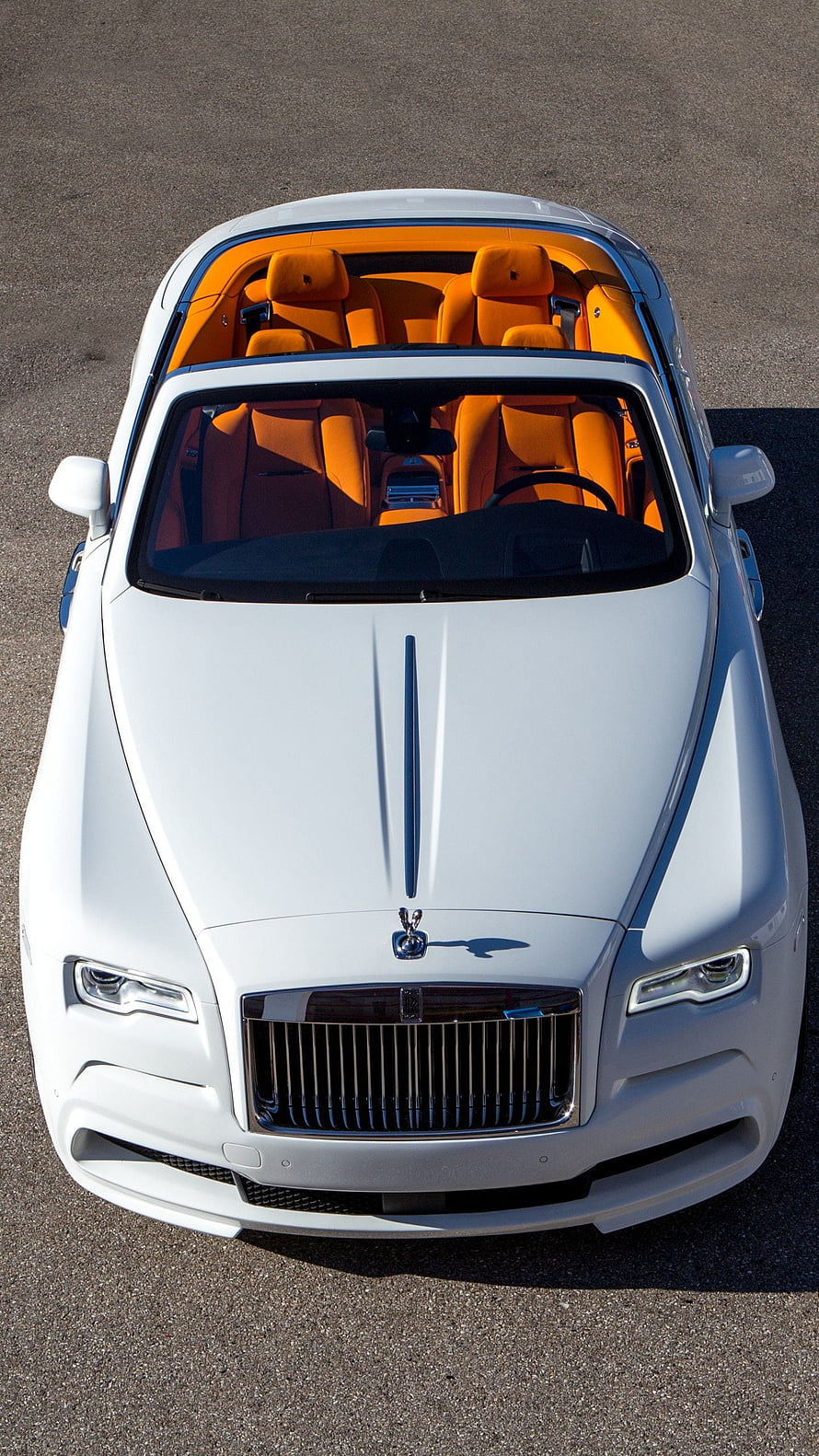 Top-Down View of a White Rolls-Royce Dawn Convertible with Vibrant Orange Interior HD phone wallpaper