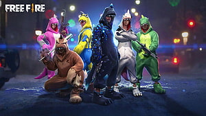 Free Fire Squad in Colorful Shark Costumes on a Neon-Lit Night Street HD wallpaper