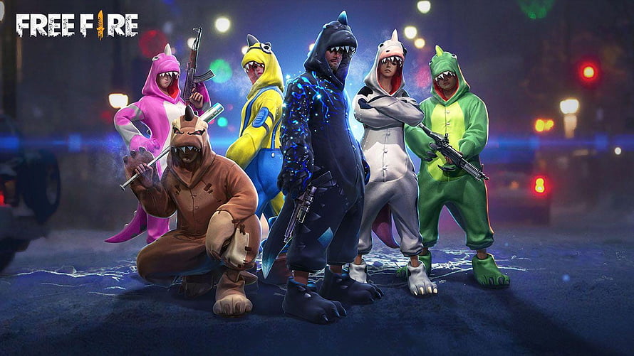 Free Fire Squad in Colorful Shark Costumes on a Neon-Lit Night Street HD wallpaper