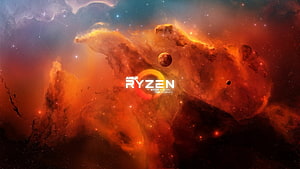 AMD Ryzen Logo on Vibrant Orange Nebula and Cosmic Space Background HD wallpaper