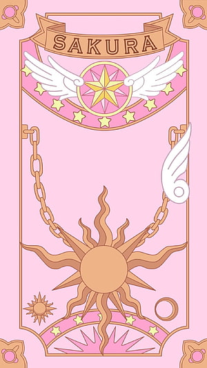Cardcaptor Sakura Card Design with Winged Star and Sun Motif in Pink and Gold HD phone wallpaper