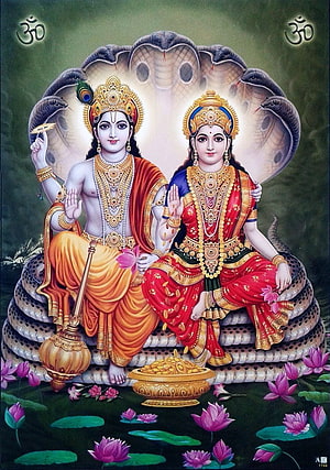 Lakshmi Narayan Divine Couple Seated on Serpent Throne with Lotus Pond HD phone wallpaper