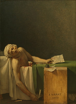 The Death of Marat by Jacques Louis David, Neoclassical Oil Painting of a Wounded Man Reclining on a Bed HD phone wallpaper
