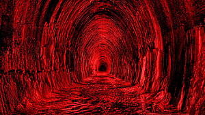 Eerie Red-Lit Stone Tunnel With Deep Perspective And Dark Atmosphere HD wallpaper
