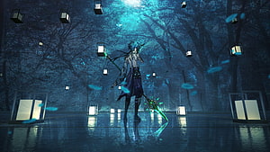 Xiao from Genshin Impact Standing in a Mystical Forest with Floating Lanterns HD wallpaper