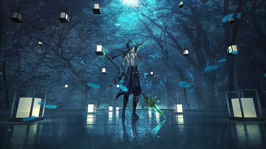 Xiao from Genshin Impact Standing in a Mystical Forest with Floating Lanterns HD wallpaper