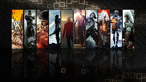 Assassin's Creed Legacy Character Lineup on Dark Reflective Surface HD wallpaper