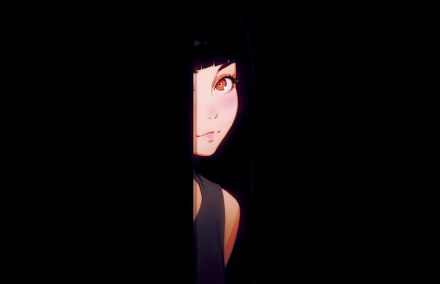 Anime Girl Peeking From Darkness With Red Eyes and Black Hair HD wallpaper