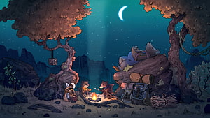 Cozy Raccoon Campfire Scene Under Starry Night Sky HD wallpaper