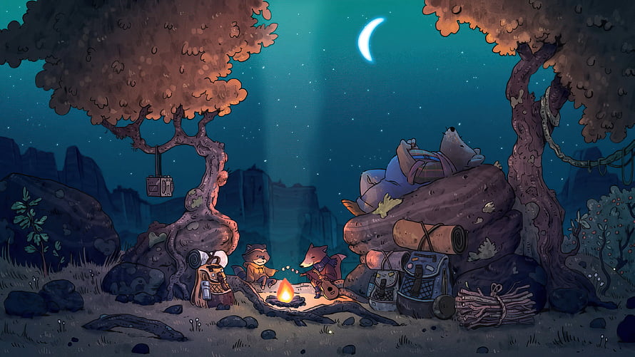Cozy Raccoon Campfire Scene Under Starry Night Sky HD wallpaper