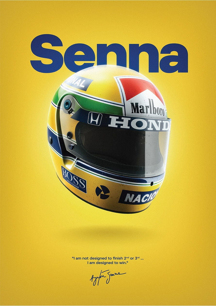 Ayrton Senna McLaren Honda Racing Helmet Poster with Signature Quote on Yellow Background HD phone wallpaper