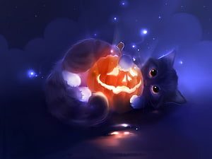Cute Black Cat Hugging a Glowing Jack-o'-Lantern in a Magical Night Scene HD wallpaper