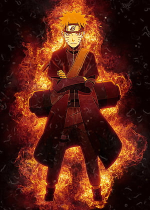 Naruto Uzumaki as Hokage Enveloped in Fiery Flames Anime Illustration HD phone wallpaper