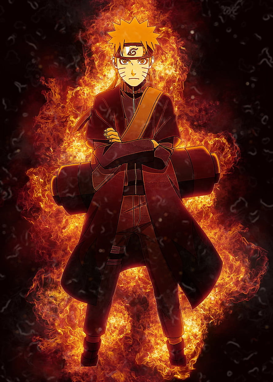 Naruto Uzumaki as Hokage Enveloped in Fiery Flames Anime Illustration HD phone wallpaper