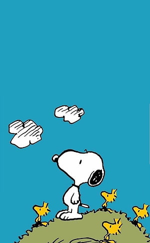 Snoopy and Woodstock on a grassy hill under a blue sky with clouds HD phone wallpaper