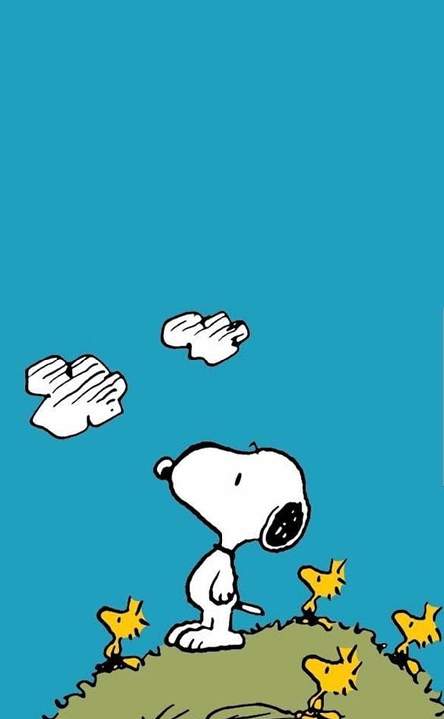 Snoopy and Woodstock on a grassy hill under a blue sky with clouds HD phone wallpaper