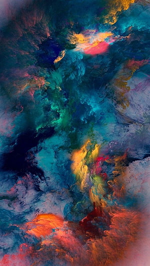 Vibrant Abstract Ink Swirls in Teal, Gold, and Crimson with Ethereal Cloud Textures HD phone wallpaper