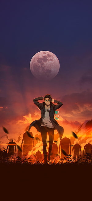 Levi Ackerman Standing in a Burning Field Under a Full Moon in Attack on Titan, attack on titan, livai, aot, yeager, eren, mikasa, shingekinokyojin, armin, sieg, attackontitan HD phone wallpaper