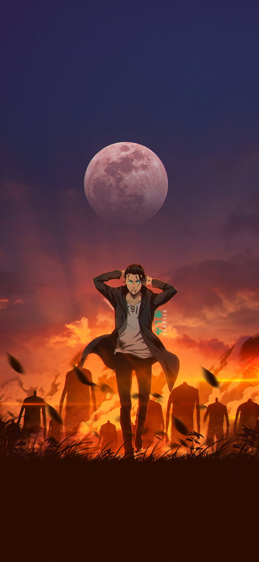 Levi Ackerman Standing in a Burning Field Under a Full Moon in Attack on Titan, attack on titan, livai, aot, yeager, eren, mikasa, shingekinokyojin, armin, sieg, attackontitan HD phone wallpaper