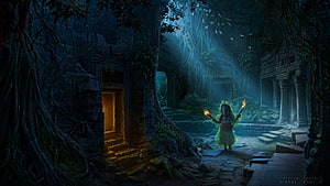 Thayyam Performer with Torches in Ancient Jungle Ruins at Night HD wallpaper
