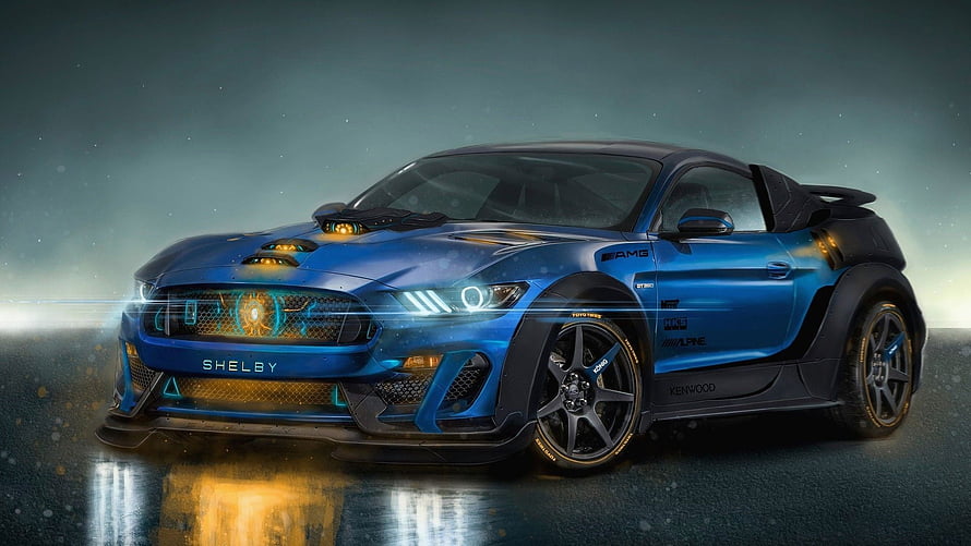 Blue Ford Mustang Shelby GT500 Widebody with AMG and Kenwood Badges on Wet Asphalt HD wallpaper